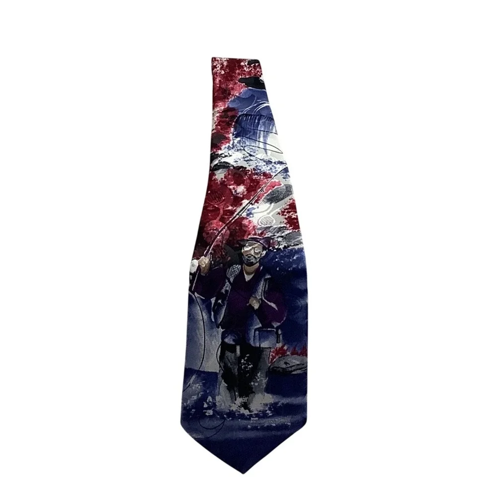 Gold Star Mens Blue Burgundy Fly Fishing Fisherman Novelty Graphic Necktie Tie